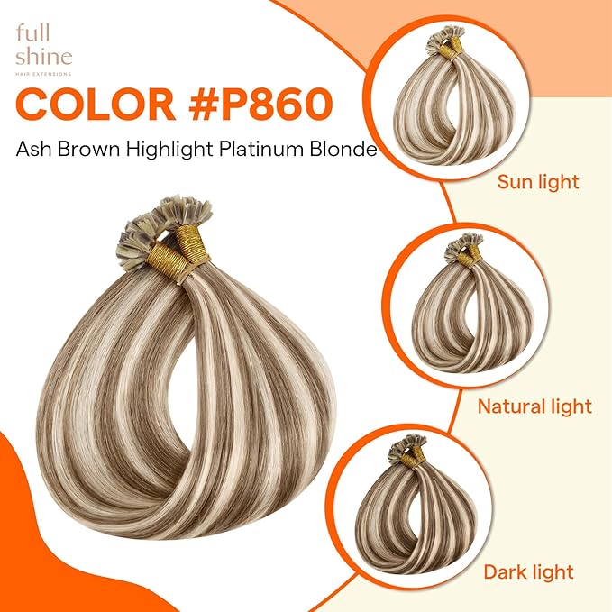 Full Shine Utip Human Hair Extensions Brown with Blonde Highlight Extensions 18 Inch Fusion Keratin Tip Hair Extensions Human Hair 50 Grams Natural Remy Extensions