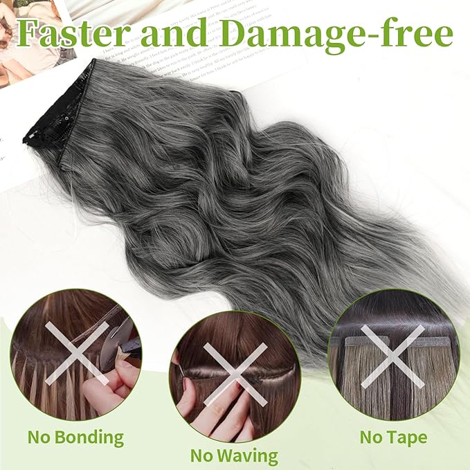 KooKaStyle Invisible Wire Hair Extensions with Transparent Headband Adjustable Size 4 Secure Clips Long Wavy Secret Wire Hairpiece 20 Inch Grey/Sliver Mixed for Women