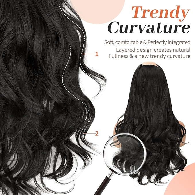 Kookastyle clip in hair extensions 4 pcs natural long Synthetic wavy curly hairpieces Layered soft invisible for women Natural Black 20 inch