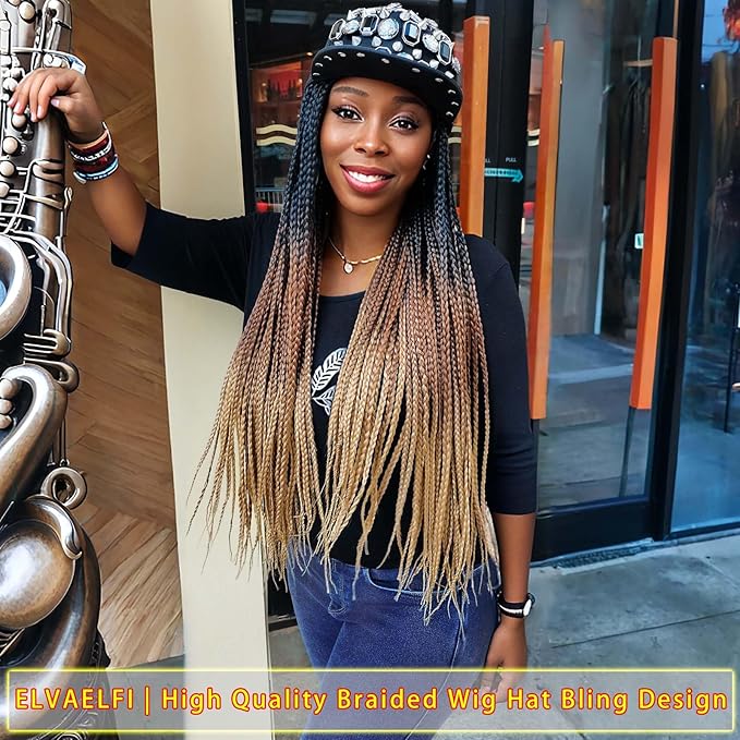 24inch Box Braid Hair Extensions Ombre Brown, Punk Studs Flat Baseball Cap Wigs for Women Girls Easy Wear