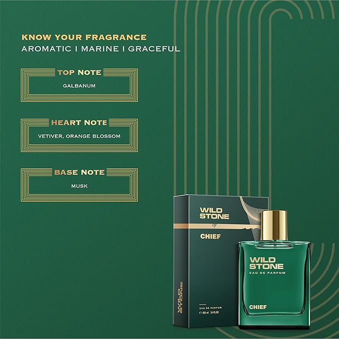 Wild Stone Chief Perfume for Men| Luxury Eau De Parfum | Long-Lasting Fragrance | Premium Perfume for Men l Infused with Aquatic and Woody Notes 100 ml 3.4 Fl oz | Vegan | Clean Ingredients