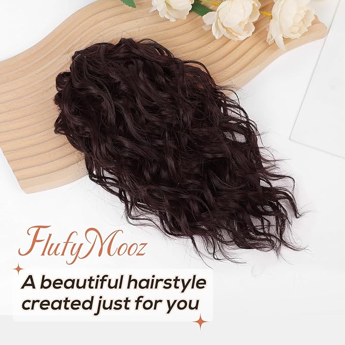 Flufymooz Ponytail Extension, 12" Short Claw Ponytail Extension Wavy Curly Jaw Clip in Pony tails Hair Extension Natural Synthetic Hairpiece for Women (Ombre Burgundy)
