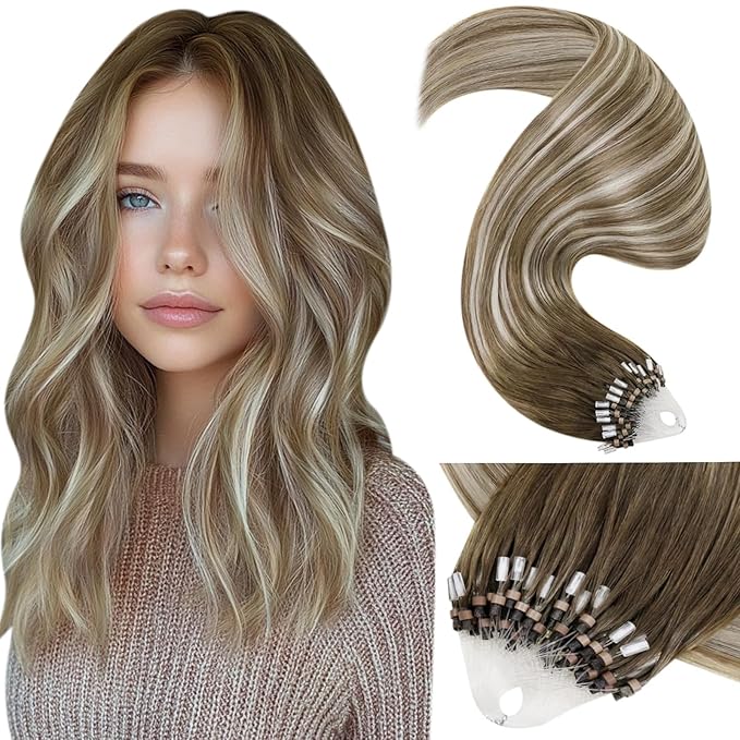 LaaVoo Microlink Hair Extension Brown Balayage Micro Link Hair Extensions Human Hair Light Brown to Platinum Blonde Micro Bead Extensions Real Human Hair 50g 50s 16 Inch