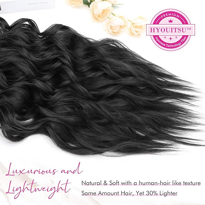 REECHO Hair Extensions, 4PCS Clip in Hair Extensions 24" Thick Long Beach Waves Black hair extensions HE003 Invisible Lace Weft Natural Soft Synthetic Hairpieces for Women – Black