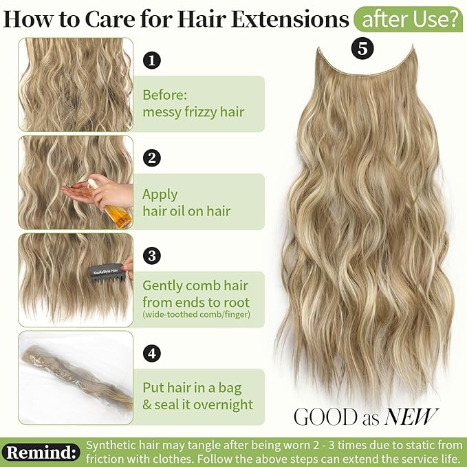 KooKaStyle Invisible Wire Hair Extensions with Transparent Wire Adjustable Size 4 Secure Clips Long Wavy Secret Hairpiece (24 Inch,Dark Ash Blonde mix Light Blonde Highlights)