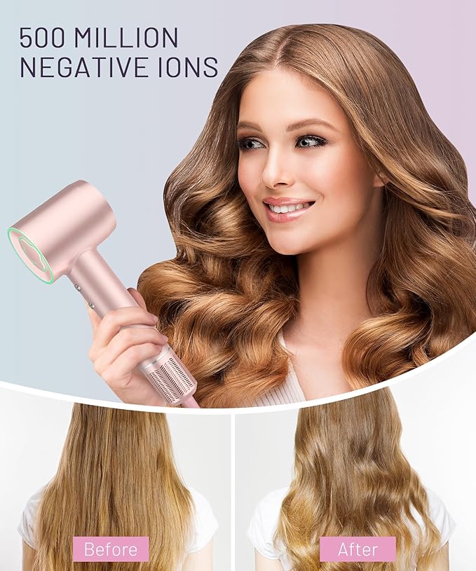 Hair Dryer - 150000 RPM High-Speed Brushless Motor Negative Ionic Blow Dryer for Fast Drying, Low Noise Thermo-Control Hair Dryer with Diffuser and Nozzle, Gleaming Pink