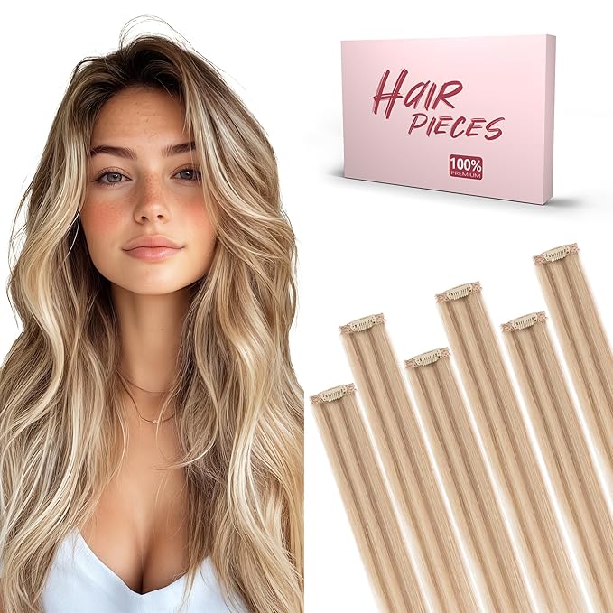 SEGO Single Clip In Hair Extensions Real Human Hair 6 Pcs Individual Clip Ins Highlight Remy Balayage Straight Soft Seamless Hairpieces for Women -14 Inch #12P613 Golden Brown&Bleach Blonde