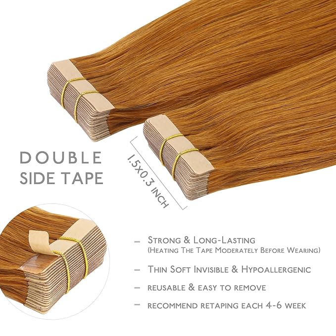 WENNALIFE Tape in Hair Extensions Human Hair, 20pcs 50g 18 inch Auburn Ginger Remy Hair Extensions Straight Human Hair Tape in Extensions Skin Weft Tape Extensions Human Hair