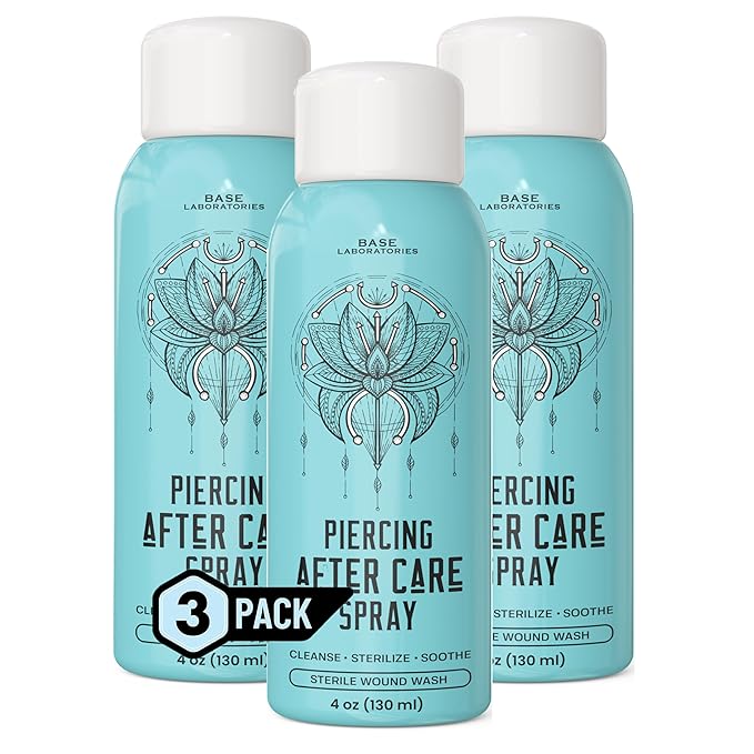 BASE LABORATORIES Piercing Aftercare Spray 4oz | Saline Spray for Piercings | Ear Piercing Cleaner Spray | Saline Solution for Piercings | Piercing & Keloid Bump Removal for Ears, Belly & Nose | 3PK