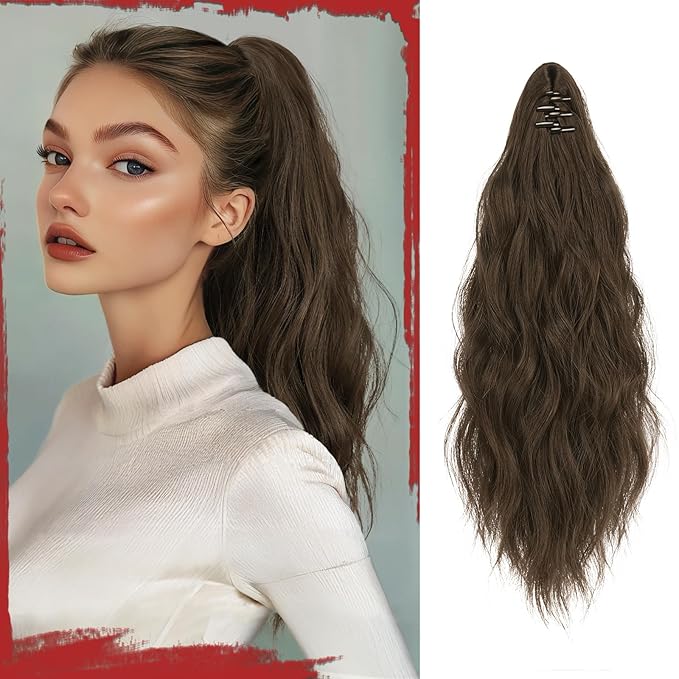SOFEIYAN Ponytail Extension 16" Curly Wavy Claw Clip Ponytail Hair Extensions Small Claw Clip in Hairpiece Fluffy Clip on Pony Tails Jaw Clips for Women Synthetic Hairpiece, Brown