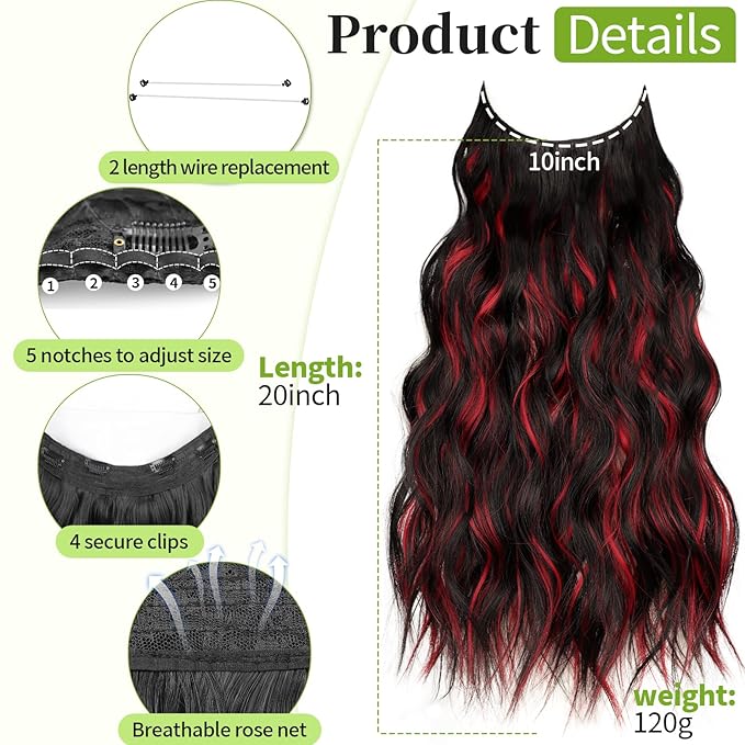 KooKaStyle Invisible Wire Hair Extensions with Transparent Headband Adjustable Size 4 Secure Clips Long Wavy Highlight Hairpiece 20 Inch Black and Red Streaks for Women