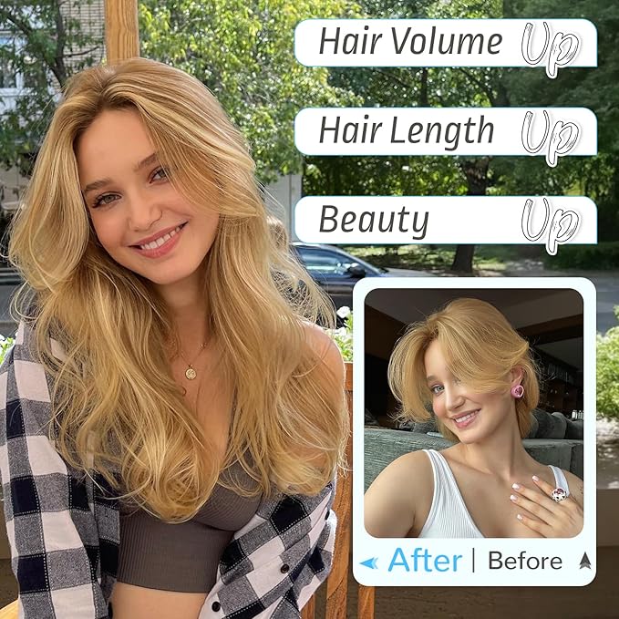 KooKaStyle Invisible Wire Hair Extensions Long Wavy Layered Synthetic Hair Extensions with Transparent Wire Adjustable Size 6 Secure Clips Honey Blonde Hairpieces for Women 20 Inch