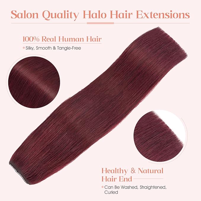 Hairro Wire Hair Extensions Human Hair, Fish Line Invisible Adjustable & Clips in Extensions Straight, 100% Real Hairpieces Seamless Blending for Women, 14 Inch 70g Wine Red