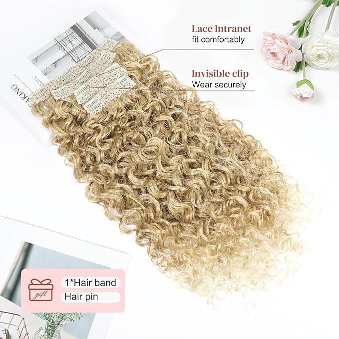 LONAI 4PC Clip in Hair Extensions, 100％ Pure Protein Silk Curly Hair Extension for Women, 26 Inch Long Soft Natural Hair Extensions-Medium Blonde to Light Blonde