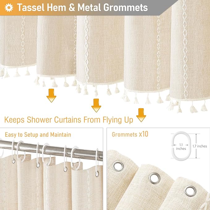 BTTN Stall Fabric Shower Curtain - 54x72 Inches Boho Linen Weighted Striped Shower Curtain Set with 10 Hooks, Narrow Rustic Modern Farmhouse Neutral Thick Shower Curtains for Bathroom - Cream/Beige