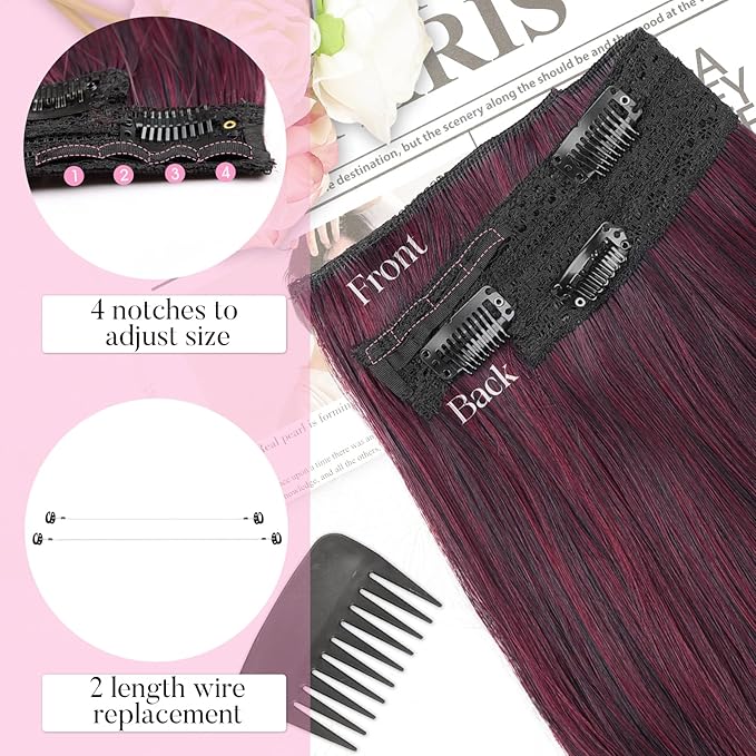 Invisible Wire Hair Extensions Layered Long Wavy Ombre Burgundy mix Black Hairpiece for Women Transparent Wire Adjustable Size 6 Secure Clips Invisible Headband Hair Extension 20 Inch
