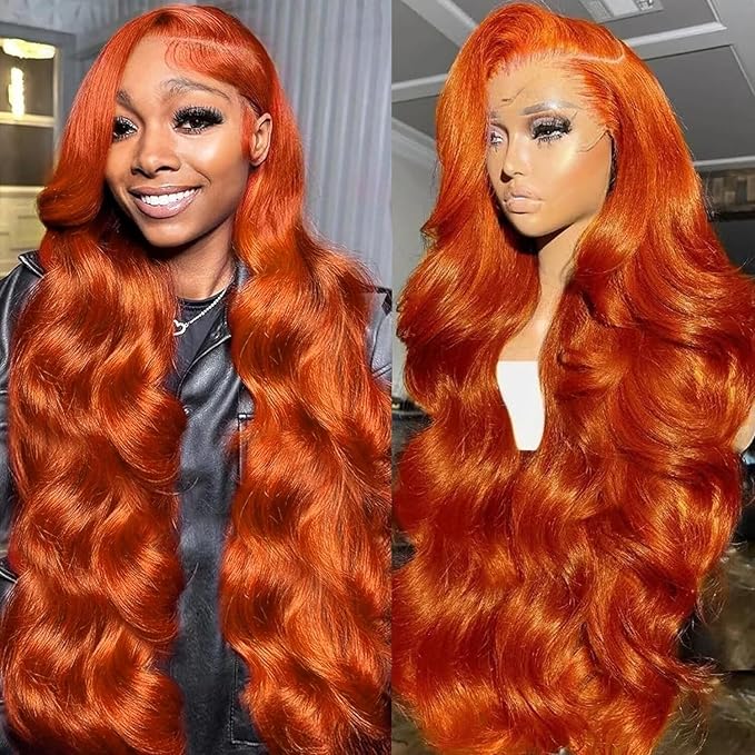 34 Inch Ginger Orange 13x6 Body Wave Lace Front Wigs Human Hair 200% Density Glueless HD Transparent Lace Frontal Wigs Human Hair Pre Plucked With Baby Hair Ginger For Women