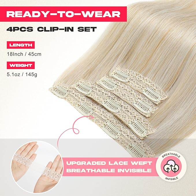 Hair Extensions, 4PCS 18" Clip in Hair Extensions Layered Cut Natural Lightweight Hairpieces with Thinner Softer Invisible Weft for Women - Ash Blonde with Highlights