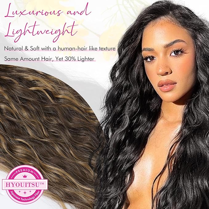 REECHO 9PCS Clip in Hair Extensions, 24" Thick Long Mini Mermaid Wave Luxurious Lightweight Japanese Technology HYOUITSU Fiber Invisible Soft Lace Weft - HE009 Dark Brown with Highlights