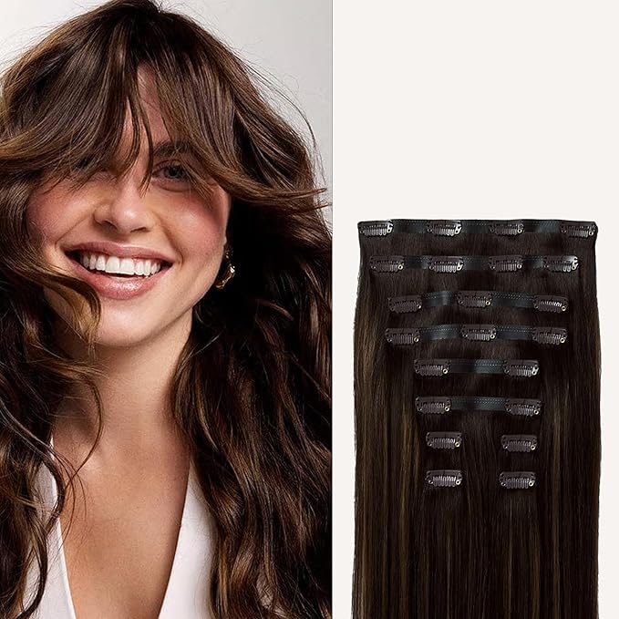 Luxy 100% Remy Human Hair - Seamless Clip-In Hair Extensions - Multi-Dimensional Color for Natural Blending, Adds Volume & Length 160 grams 16" Dimensional Rooted Honey Espresso