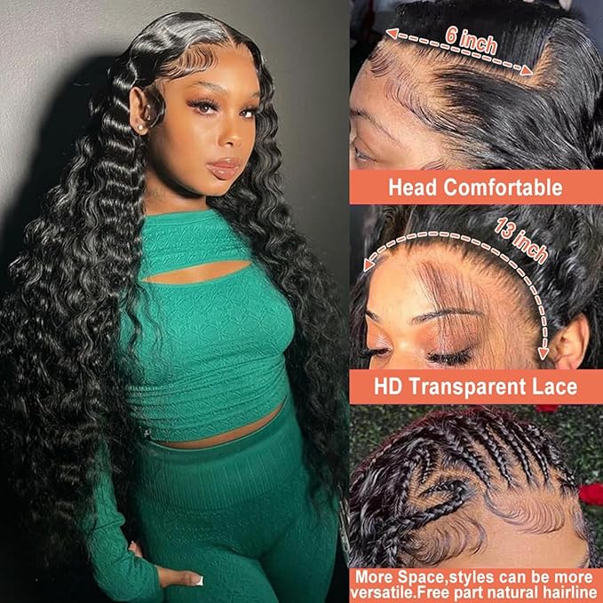 32 Inch 13x6 Deep Wave Lace Front Human Hair Wig - 200% Density HD Transparent Glueless Pre-Plucked Bleached Knots Curly Wig