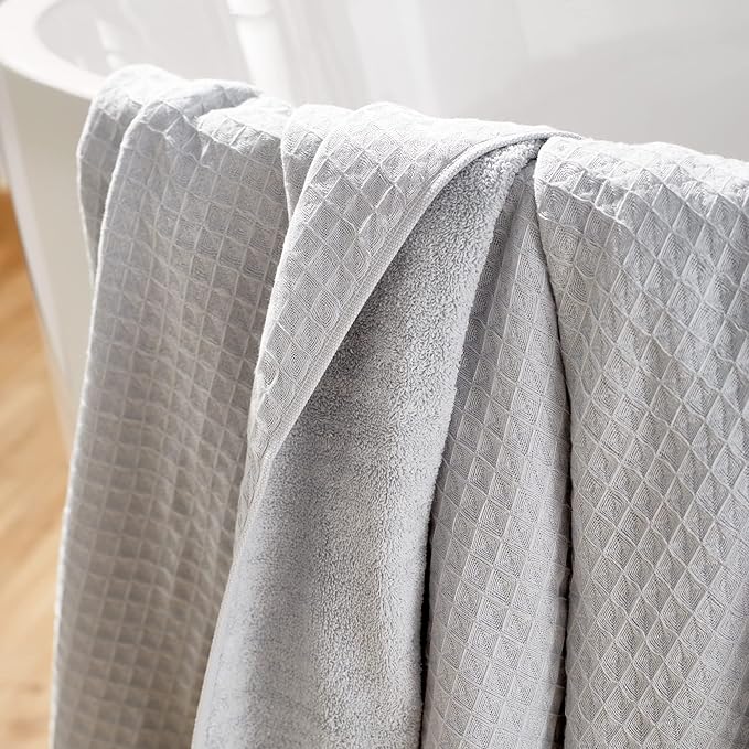 UCHINO Waffle Twist Cotton Weave Towel Set for Bathroom – 2 Bath, 2 Hand, 2 Washcloths, Lightweight Absorbent Quick Dry Honeycomb Texture Solid Terry Loop Reverse, 6 Piece, Grey