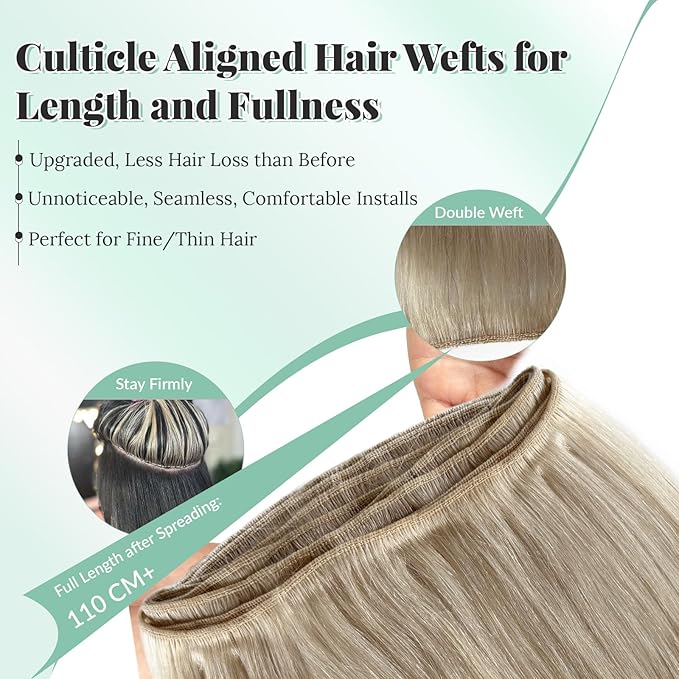 Blonde Sew in Hair Extensions, 24 Inch Weft Hair Extensions Real Human Hair, Hand Tied Wefts Human Hair Sew in Double Weft Platinum White Blonde Straight Hair Bundles for Women 120G