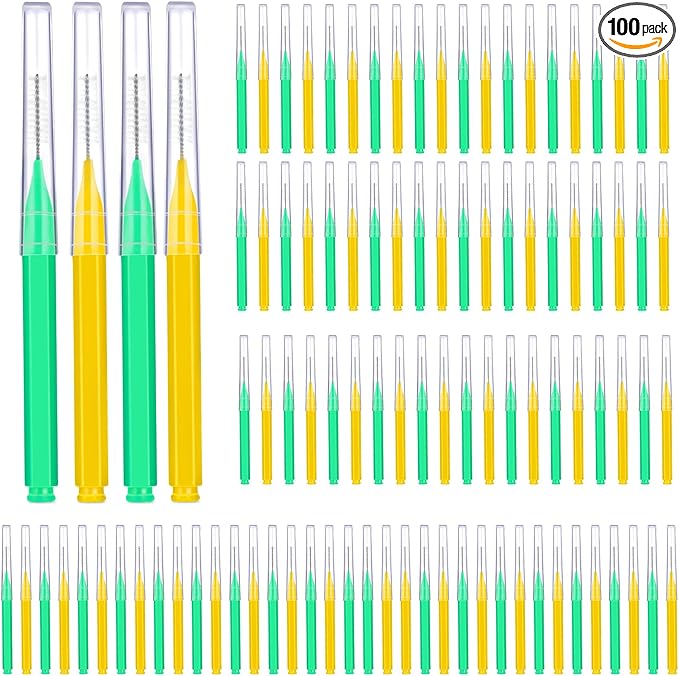 Patelai 100 Pieces Braces Brush for Cleaner Interdental Brush Toothpick Dental Tooth Flossing Head Oral Dental Hygiene Flosser Toothpick Cleaners Tooth Tool(Green, Yellow,Mixed Sizes)