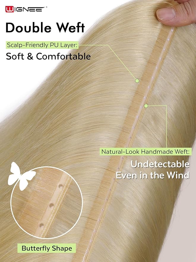 WIGNEE New Double Layered PU OVO Hair Extensions Blonde Ombre Straight Human Hair weft with beads 100% Real Human Hair Extensions 12 Inch Seamless Micro Beads Human Hair Extensions Glueless (613)
