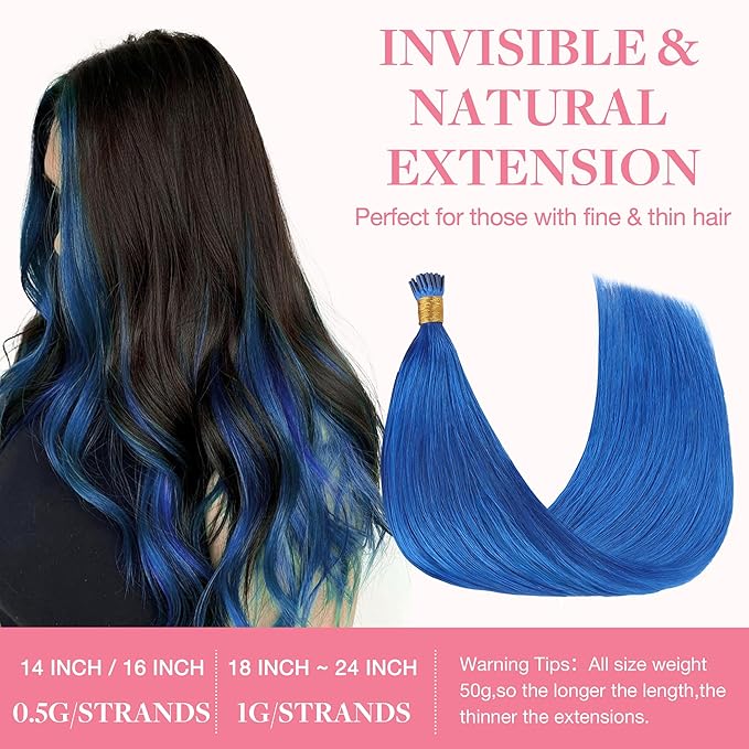 GOO GOO Colored I Tip Hair Extensions Real Human Hair, 18inch 50g 50S, Cold Fusion I Tip Hair Extensions, Invisible Remy Hair Extensions, Blue