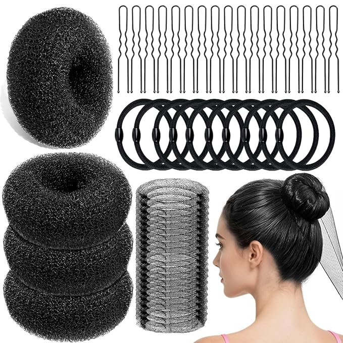 YINGFENG 134 Pcs Black Hair Bun Maker Kit Medium - 4 Bun Hair Pieces for Women, 20 Hair Net for Buns, 100 Bobby Pins for Women, 10 Hair Bands, for Ballet Styling, Hair Accessories for Girls