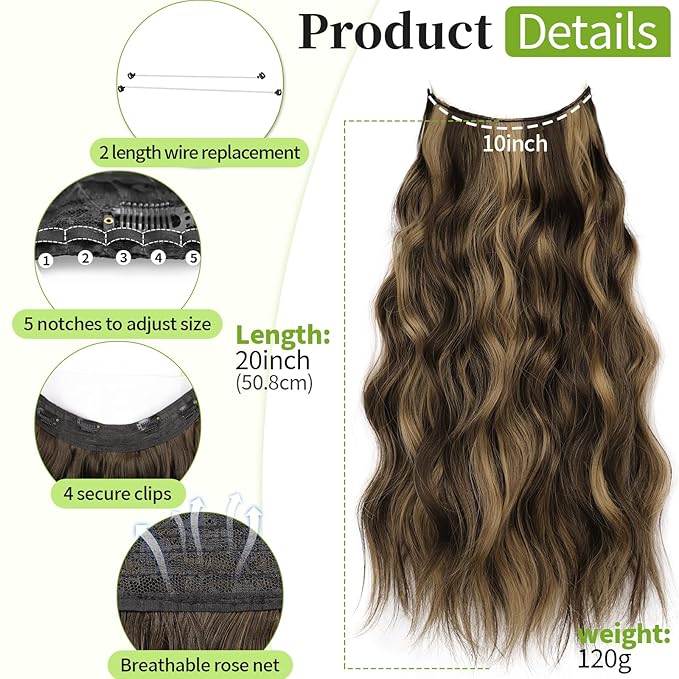 KooKaStyle Invisible Wire Hair Extensions with Transparent Headband Adjustable Size 4 Secure Clips Long Wavy Highlight Synthetic Hairpieces 20 Inch Balayage Chocolate Brown to Caramel Blonde for Women