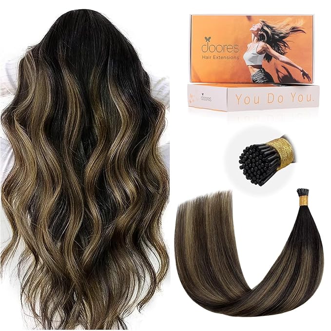 DOORES I Tip Hair Extensions, Balayage Natural Black to Chestnut Brown 14 Inch 50g/100s, Invisible I Tips Extensions Real Human Hair I Tip Remy Hair Extensions Cold Fusion Hair Extensions Straight
