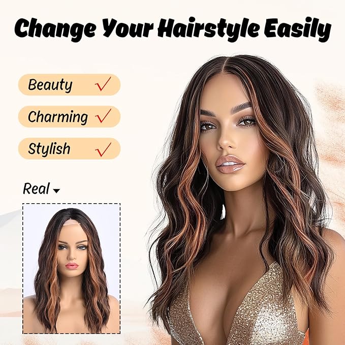 Brown with Highlight Medium Length Wigs for Women Dark Brown Mixed Gold Wig Middle Part Synthetic Hair Wigs Wavy Natural Hair for Daily Party Use Colourful Wig
