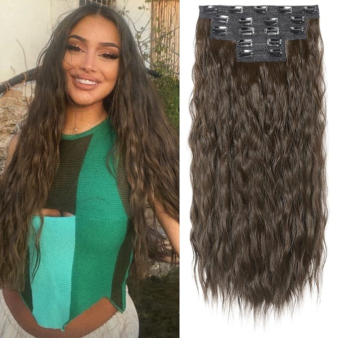 REECHO Hair Extensions, 5PCS Brown Clip in Hair Extensions 24" Thick Long Loose Waves hair extensions HE002 Invisible Lace Weft Natural Soft Hairpieces for Women – Chocolate Brown