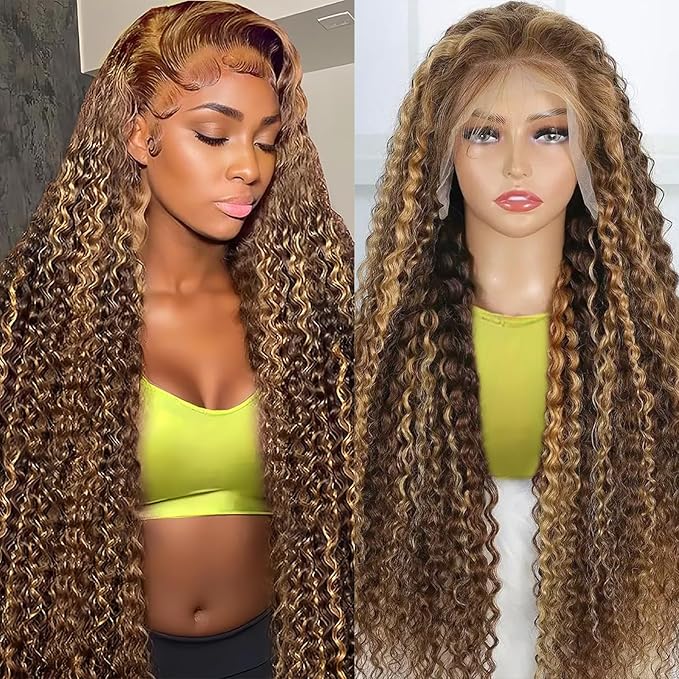 200% Density Highlight Ombre Deep Wave Lace Front Wigs Human Hair 4/27 Colored Honey Blonde Human Hair Wig 13x6 HD Lace Front Wig Pre Plucked 22 Inch
