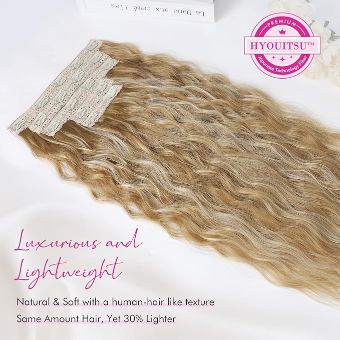Clip in Hair Extensions, REECHO 5PCS Brown Hair Extensions 24" Thick Long Loose Waves hair extensions HE002 Invisible Lace Weft Natural Soft Hairpieces for Women – Dark Blonde with Highlights