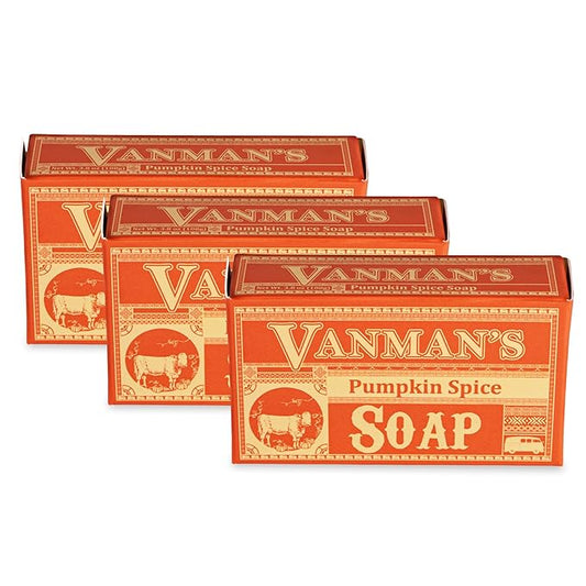 VanMan Pumpkin Spice Body Soap - Grass Fed Finished Suet Beef Tallow & Pumpkin Puree - Nourishing, Hydrating & Moisturizing Natural Bar Soap with Essential Oils - Autumn Scent - 3.8 oz Bar (3 Pack)