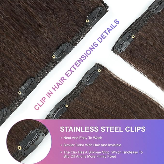 Dark Brown Clip in Hair Extensions, 26 Inch 130g, 2 Dark Brown Hair Extensions Real Human Hair, Invisible Seamless Remy Human Hair Clip Extensions for Women 8pcs Per Set with Double Weft