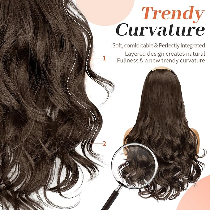 KooKaStyle Clip In Hair Extensions, Natural Long Layered Soft Invisible Synthetic Curly Hairpieces for Women, 4 pcs (20 Inch, Chocolate Brown)