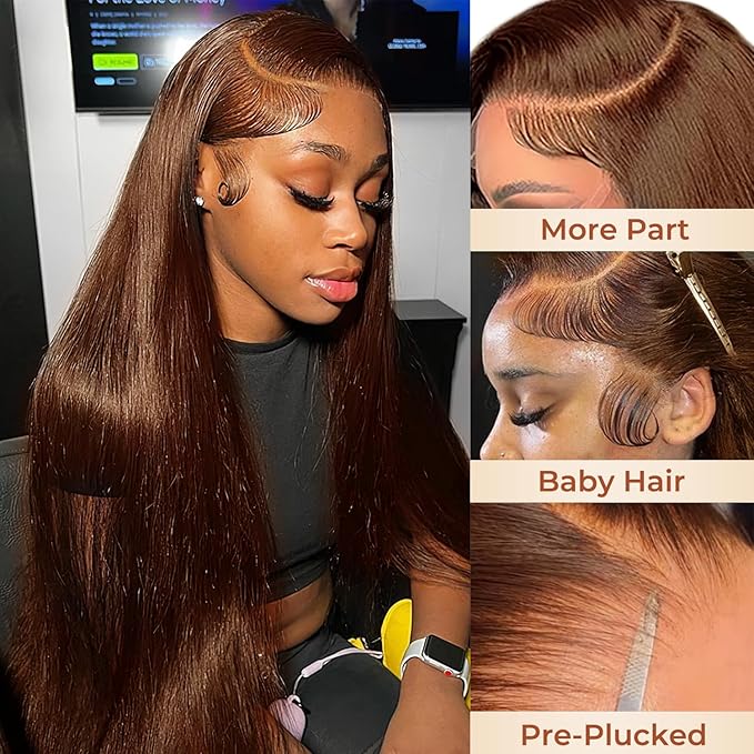 AMIRTY 250% Density Chocolate Brown Lace Front Wigs Human Hair for Women 13X4 HD Transparent Lace Front Wigs Brazilian Virgin Straight Wig Human Hair Pre Plucked 34Inch