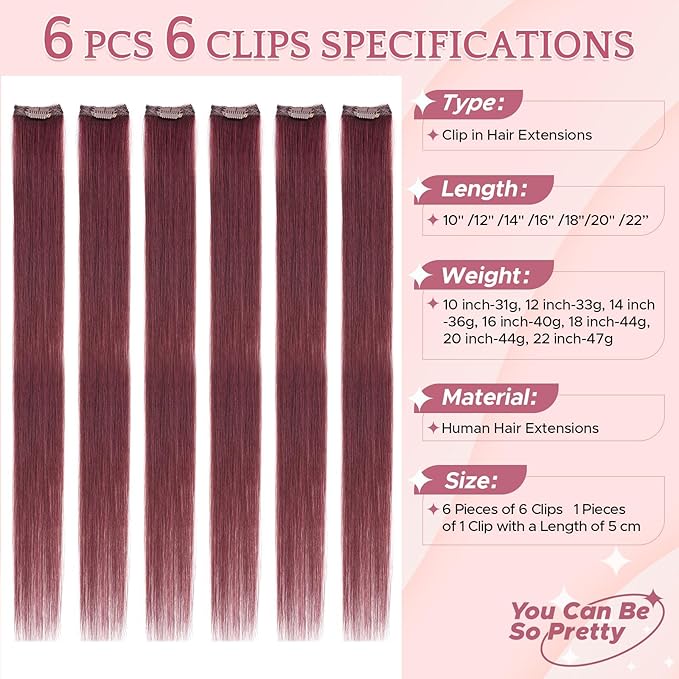 Clip in Hair Extensions Real Human Hair for Women, 22 Inch 47g 6pcs, Wine Red, Straight - Highlight, Add Volume and Length for Daily Wear, Parties, Weddings