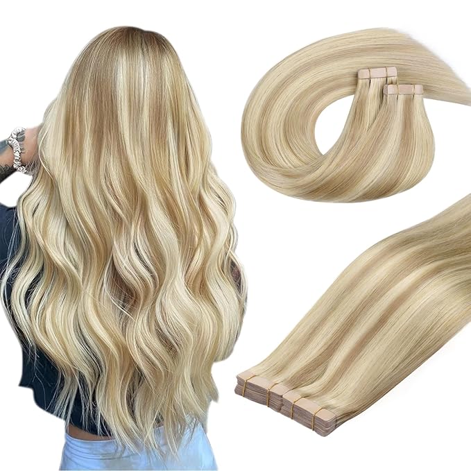 DOORES Hair Extensions Tape in Human Hair, Dark Blonde Highlighted Bleach Blonde 10 Inch 60g 40pcs, Tape in Extensions Human Hair Remy Straight Hair Natural Hair for Women