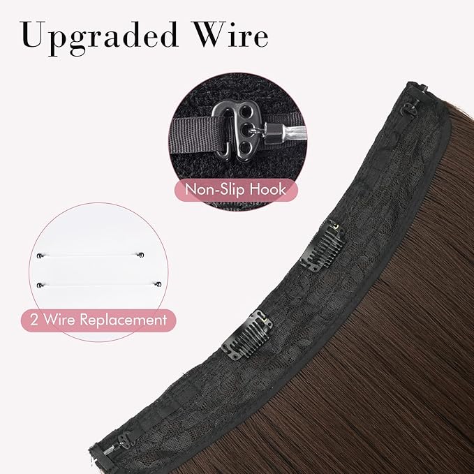 REECHO Invisible Wire Hair Extensions with Transparent Headband Adjustable Size Removable Secure Clips in Straight Secret Hairpiece for Women (24 Inch (Pack of 1), Dark Chocolate Brown)