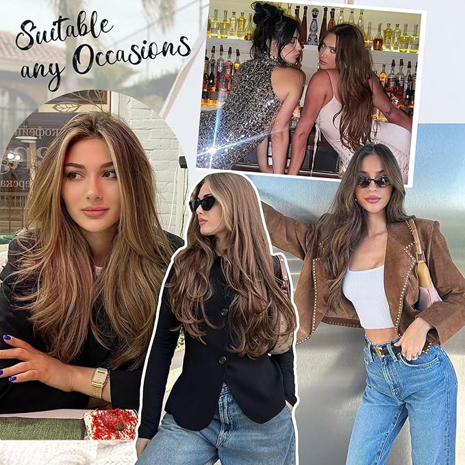 KooKaStyle Invisible Wire Hair Extensions Long Straight Layered Synthetic with Transparent Wire Adjustable Size 6 Secure Clips Hairpieces for Women 20 Inch (20 Inch, Balayage Dark Brown to Chestnut)