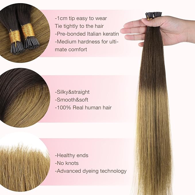 GOO GOO I Tip Hair Extensions, Real Human Hair, 16inch 100g 200S, Cold Fusion, Invisible Remy, Chocolate Dip Color Melt