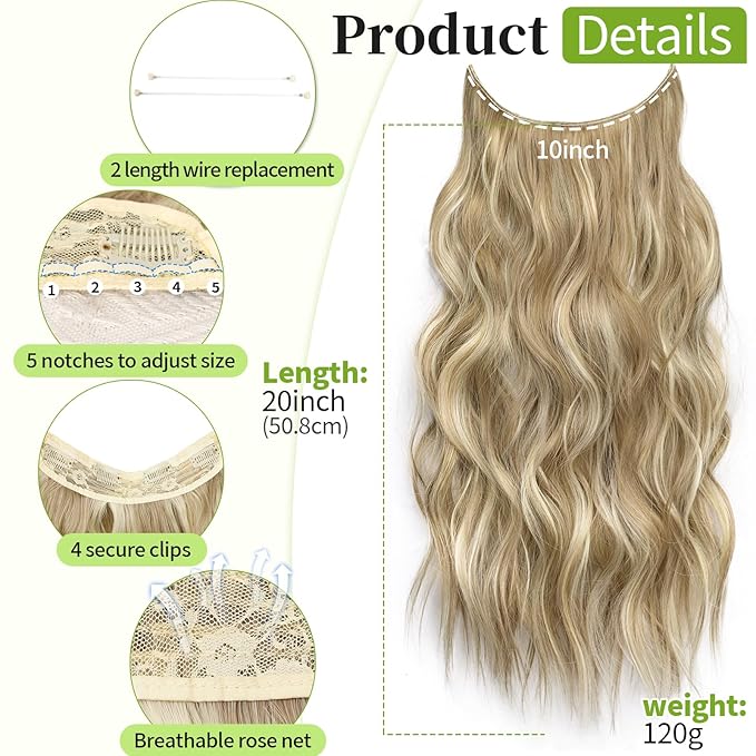 KooKaStyle Invisible Wire Hair Extensions with Transparent Wire Adjustable Size 4 Secure Clips Long Wavy Curly Secret Synthetic Hairpieces(20 Inch,Dark Ash Blonde mix Light Blonde Highlights)