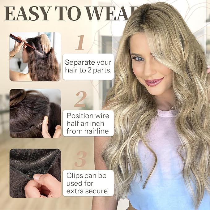 KooKaStyle Invisible Wire Hair Extensions with Transparent Headband Adjustable Size 4 Secure Clips Long Wavy Secret Wire Hairpiece Brown to Blonde mix Highlight 20 Inch for Women