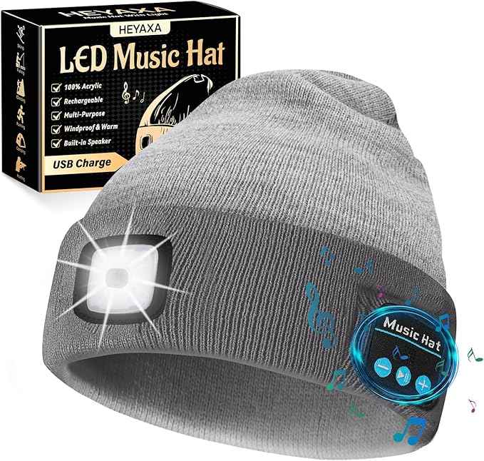 Bluetooth Beanie Hat, USB Rechargeable 4 LED Wireless Music Running Headlamp Cap, Gifts for Christmas, Stocking Stuffer & White Elephant Gifts for Men, Women, Him, Her, Teen Boys, Dad