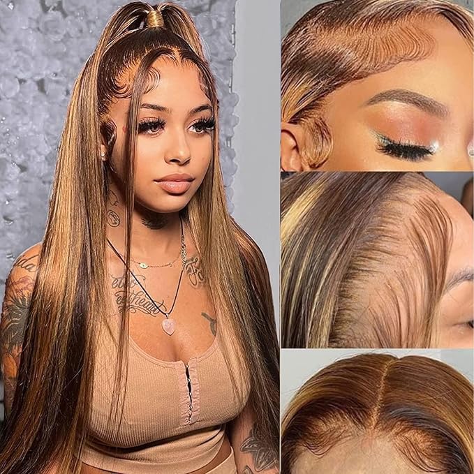 13x4 Highlight Lace Front Wigs Human Hair 4/27 Honey Blonde Lace Front Wig Human Hair 200% Density HD Transparent Ombre Lace Frontal Wigs Pre Plucked(24inch,4/27 13X4)